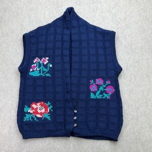 Vintage Kenneth Gordon Sweater Vest Women L Blue Wool Floral Cottagecore Grandma